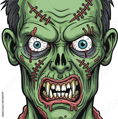 Scary green zombie with stitches and bloody eyes stares intensely forward now