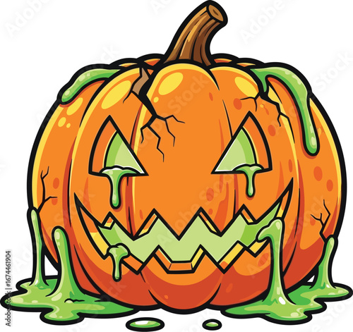 Cartoon halloween pumpkin with green slime dripping isolated on a white background