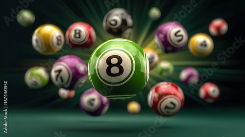 Colorful lottery balls flying around with number eight in focus 