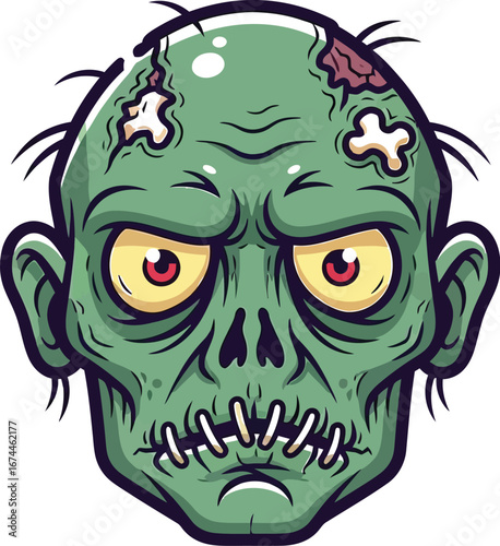 Cartoon zombie head with green skin stitches and bones for halloween design