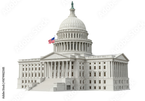Isolated U.S. Capitol Building architecture with American flag near dome in Washington, DC