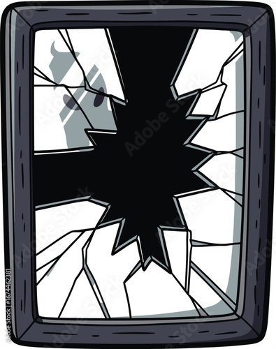 Cartoon illustration of a broken window with shattered glass and a dark background