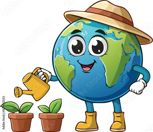 Cute Cartoon Earth Watering Plants with a Can