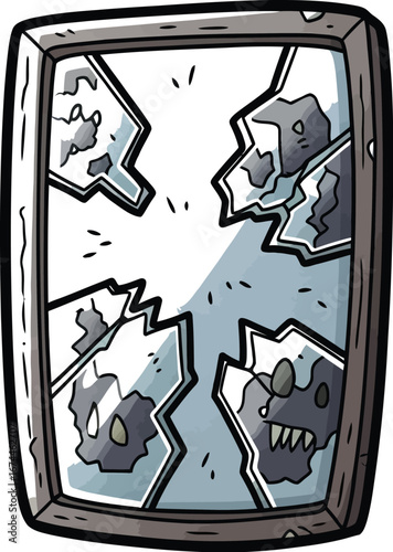 Cartoon illustration of a broken mirror with cracks and shattered glass pieces