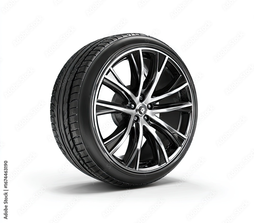 Obraz premium Black alloy wheel and tire, side view. Dark gray rim with five spokes. High-quality tire tread. Isolated on white background