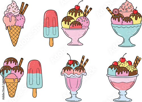Colorful ice cream illustrations, cartoon desserts, sweet treats in cones, popsicles, sundaes, bowls, summer food clipart collection