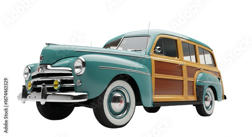 Vintage Turquoise Woodie Wagon Classic Car Isolated on White Background Retro Style Stock Photo