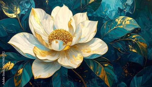 Detailed close-up of a large white flower with gold accents, set against a backdrop of dark teal leaves