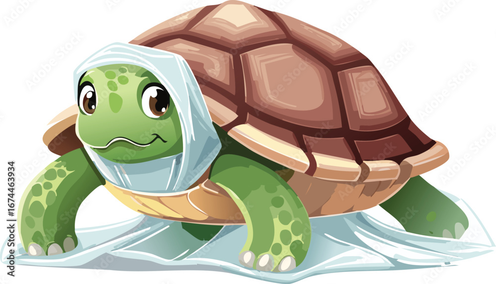 Fototapeta premium Sad Cartoon Turtle Entangled in Plastic Bags
