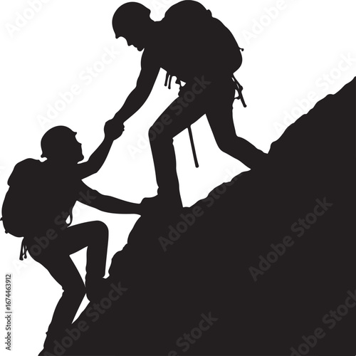 Two hikers in silhouette helping each other climb a rocky mountain climbing hiking