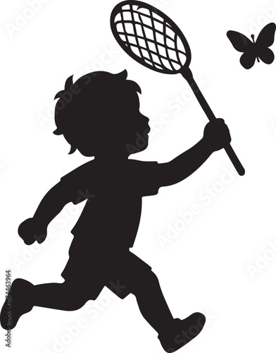 Black silhouette of a boy running with a butterfly net chasing a butterfly child