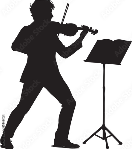 Black silhouette of a man playing the violin next to a music stand musician