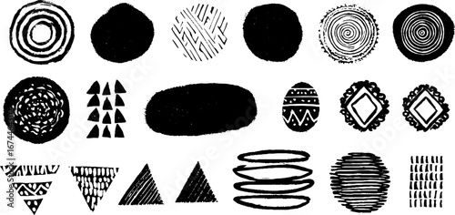 Linocut abstract seamless pattern with circles and squares for design