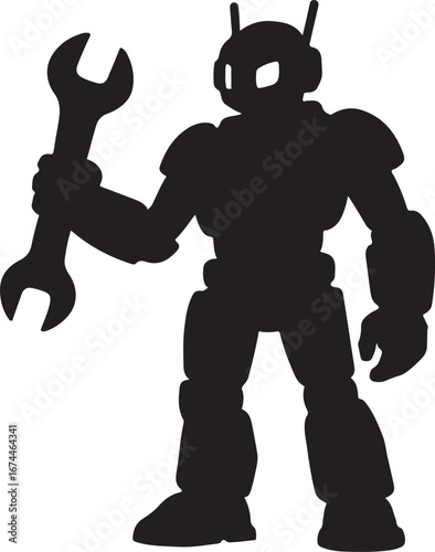 Black silhouette of a robot holding a wrench tool mechanical