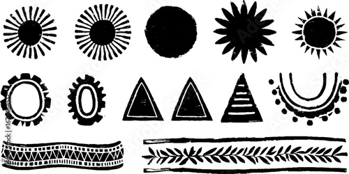 African inspired linocut patterns with triangles and dots for creative design projects