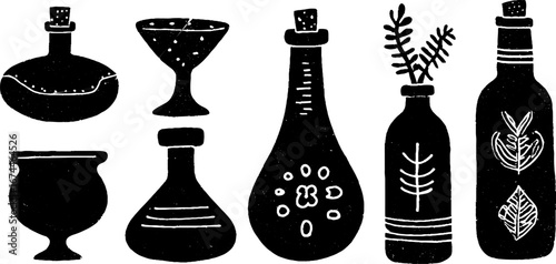 Alchemical vessels collection in linocut style for creative designs