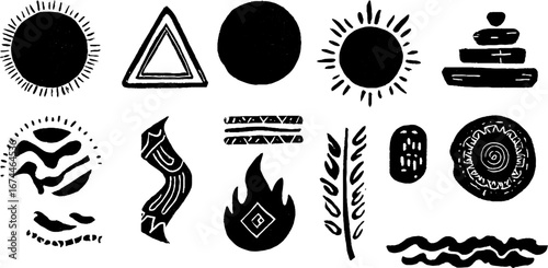 Mystical alchemy symbols set with triangle, circle, and square elements for spiritual art and design