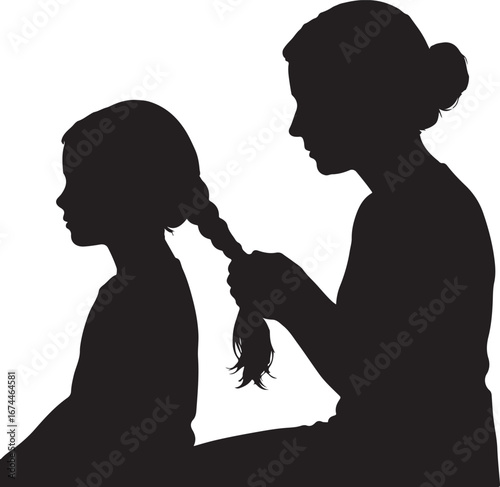 Silhouette of a woman braiding a young girl's hair vector