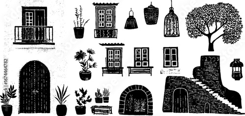 Linocut architectural elements collection with archways, wooden doors, and vintage design for creative projects