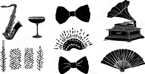 Art deco party collection with saxophone and gramophone for vintage design