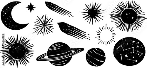 Celestial linocut symbols of crescent moon and stars for boho design and illustration collection