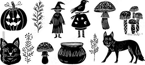 Autumn folklore collection with jack o lantern and woodland creatures for seasonal design