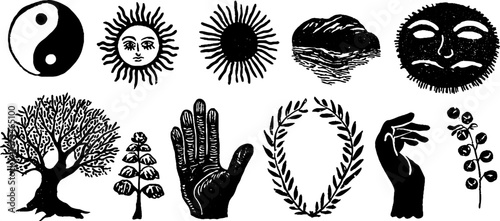 Linocut balance symbols featuring yin yang, sun, moon, nature elements, ideal for boho and scandinavian design