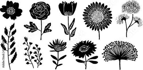 Linocut blooming flowers set featuring rose, tulip, daisy, sunflower for botanical art and design