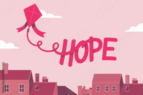 A pink kite flying above houses with the word hope in the sky on a pink background with white clouds