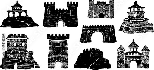 Medieval castle defense structures collection featuring moats and drawbridges for vintage design projects