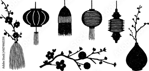 Linocut celebration lanterns seamless background with floral elements for printing or design