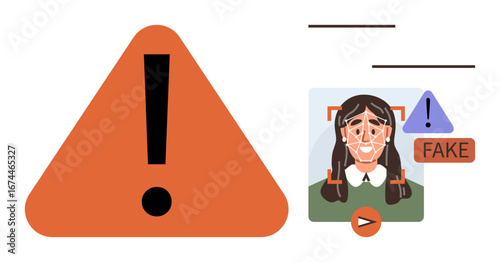 Large red triangle with exclamation point next to a facial scan identifying a fake image. Ideal for cybersecurity, data protection, identity verification, facial recognition, AI risks, online fraud