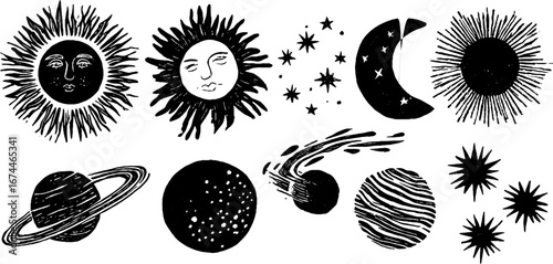Celestial bodies and cosmic elements in linocut style for artistic design