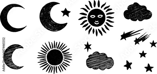 Celestial symbols collection: crescent moon and sun linocut designs for art and decoration