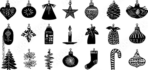 Festive christmas ornament collection with linocut baubles and stars for holiday decor