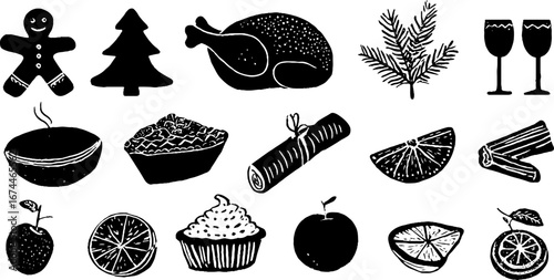 Linocut christmas food collection: gingerbread, holiday treats, and festive elements for design