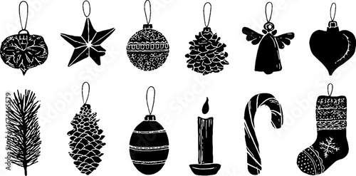 Festive linocut christmas ornaments collection for holiday decor and crafts