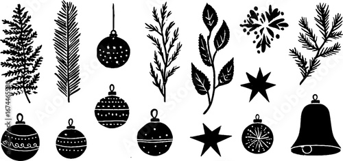 Linocut christmas pattern with fir branches and ornaments for holiday design