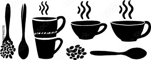 Seamless coffee pattern with cups and spoons in linocut style for vintage design
