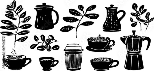 Linocut coffee culture collection with beans and leaves for design projects