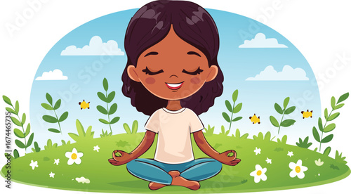 Cute Cartoon Character Meditating Peacefully in Meadow