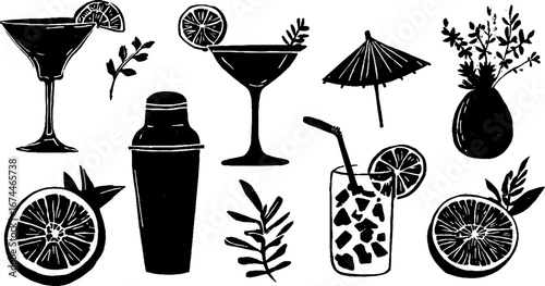 Linocut cocktail collection: martini and mojito glasses for bar decor and cocktail menu design