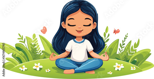 Cute Cartoon Character Meditating Peacefully in Meadow