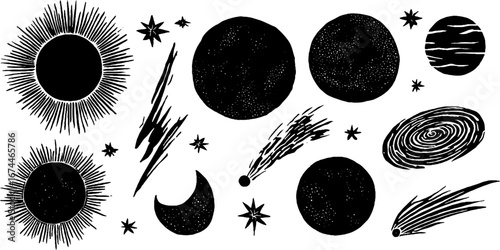 Cosmic celestial bodies linocut collection featuring sun, moon, planets, and stars for design and decoration