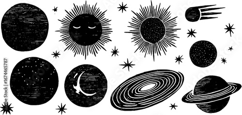Cosmic bodies collection: linocut sun, moon, planet, and star designs for celestial themes