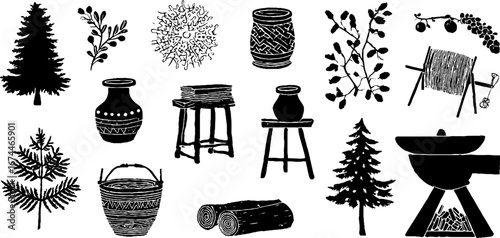 Linocut craftsman collection featuring pottery wheel, clay pot, trees, and rustic elements for artistic design