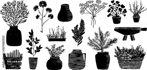 Linocut craftsman designs featuring silhouettes of vases and plants for creative decor
