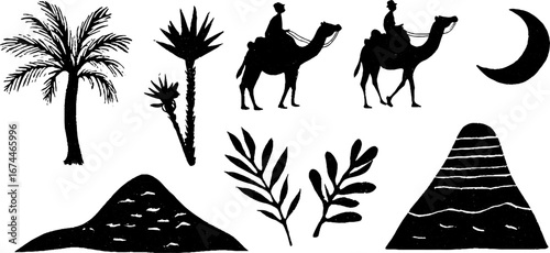 Desert caravan linocut set with camels and palm trees for boho design