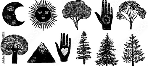 Linocut duality and nature symbols: sun, moon, hands, trees, and mountains collection for art and design