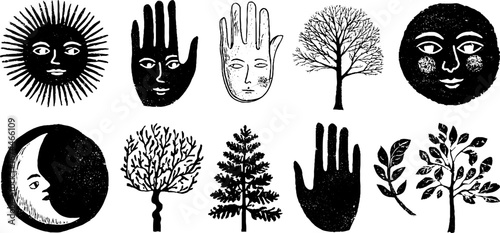Duality symbol collection featuring sun, moon, hands, and trees in linocut style for scandinavian artwork
